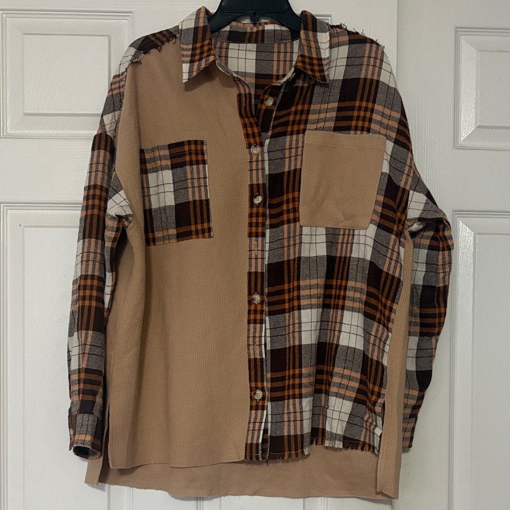 POL Women's Plaid Patchwork Button Down Shirt - B… - image 1